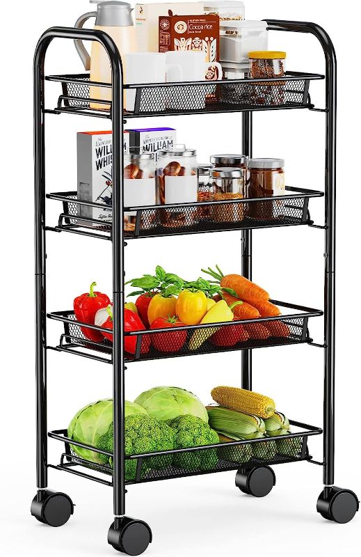 Photo 1 of 4-Tier Mesh Wire Rolling Cart Multifunction Utility Cart Metal Kitchen Storage Cart with 4 Wire Baskets Lockable Wheels for Home, Office, Kitchen PIUC02
