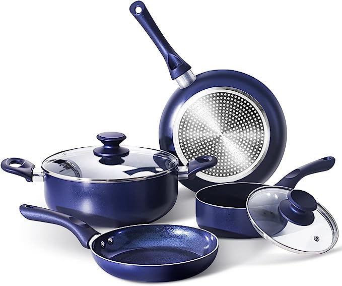 Photo 1 of 6 Pieces Pots and Pans Set,Aluminum Cookware Set, Nonstick Ceramic Coating, Fry Pan, Stockpot with Lid, Blue