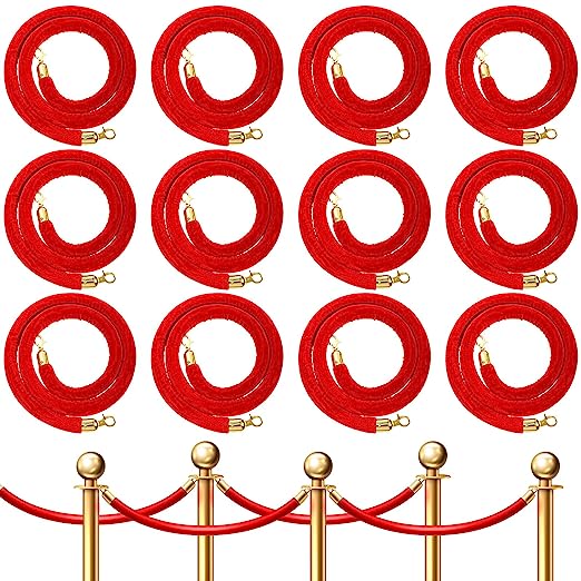 Photo 1 of 12 Pieces Velvet Stanchion Rope Bulk 5.25 Feet Crowd Control Barriers Safety Velvet Rope with Polished Gold Hooks for Movie Theaters Openings Hotels Carpet, Party, Not Include Stanchion Post (Red)
