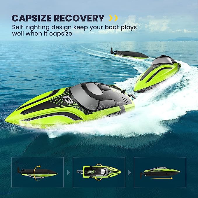 Photo 1 of 4DRC S2 High Speed RC Boats with LED Lights & 2 Batteries, 30+ mph Remote Control Boat for Pools and Lakes, Capsize Recovery, Low Battery Reminder,2.4Ghz Racing Boats for Adults Kids,Green