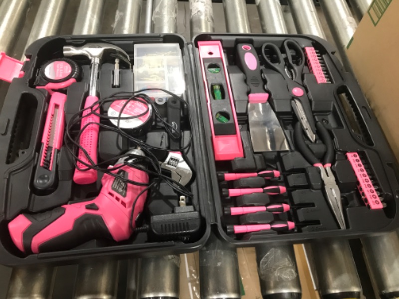Photo 1 of 135 Piece Household Tool Kit Pink with Pivoting Dual-Angle 3.6 V Lithium-Ion Cordless Screwdriver - DT0773N1 135-Piece Tool Set Pink