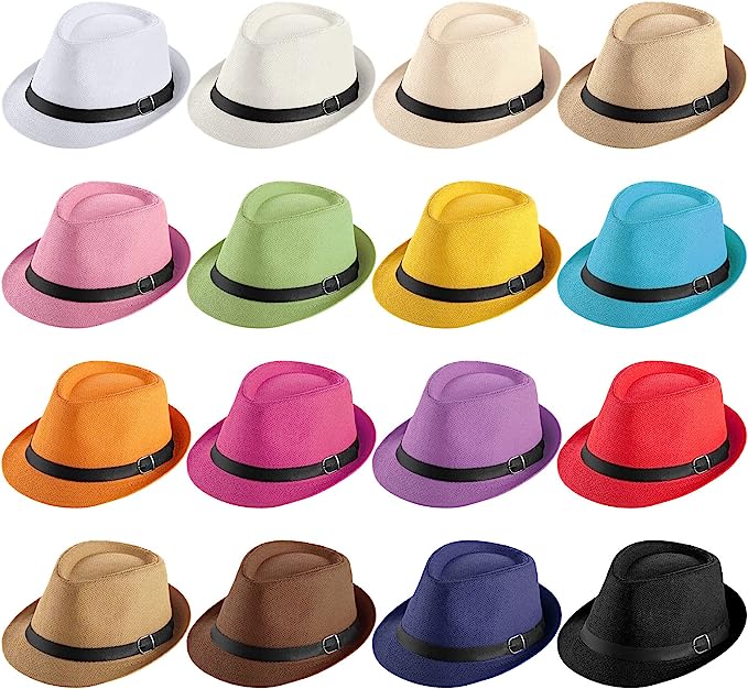 Photo 1 of 16 Pcs Panama Style Fedora Hat Trilby Hats for Men Women Paper Straw Fedora Hat with Leather Belt Classic Short Brim Straw Hats for Men Women Summer Sun Hat Beach Hat Costume, 16 Colors
