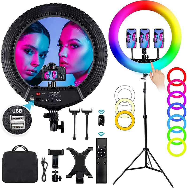 Photo 1 of 18 inch RGB LED Ring Light Kit AMAZKER with Stand and Phone iPad Holder 25 Color Modes 3000-6000K Dimmable 10 Brightness Level Up to 5000 Lux Circle Light for Live Stream/Makeup/YouTube/Vlog/Tiktok
