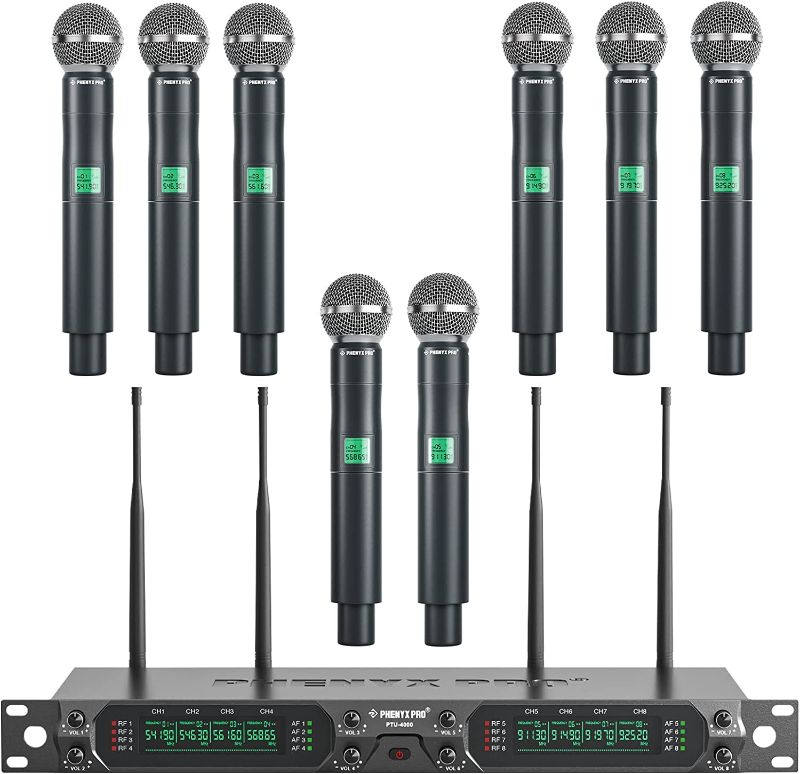 Photo 1 of Phenyx Pro Wireless Microphone System, 8-Channel UHF Cordless Mic with Metal Handheld Wireless Mics, Fixed Frequency Dynamic Microphone for Karaoke,Church,Singing,DJ,260ft Range (PTU-4000-8H)
