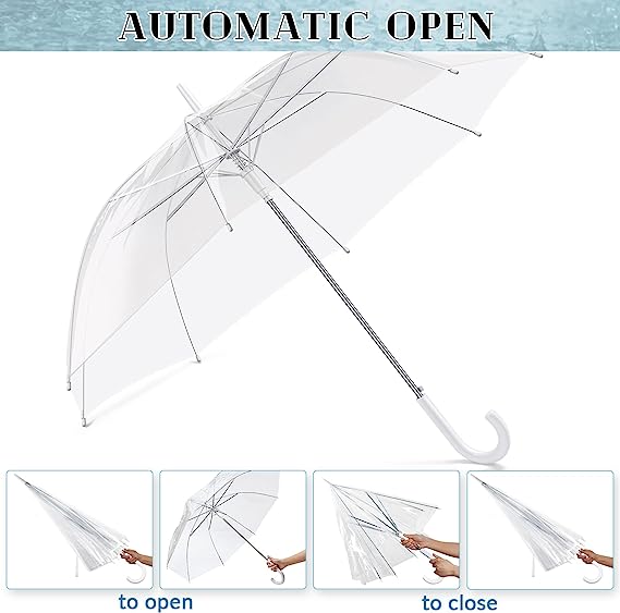Photo 1 of  Clear Umbrella Wedding Stick Umbrellas Automatic Open Umbrella with J Hook Handle Canopy Windproof Umbrella for Wedding (Clear Style) 2 PACK
