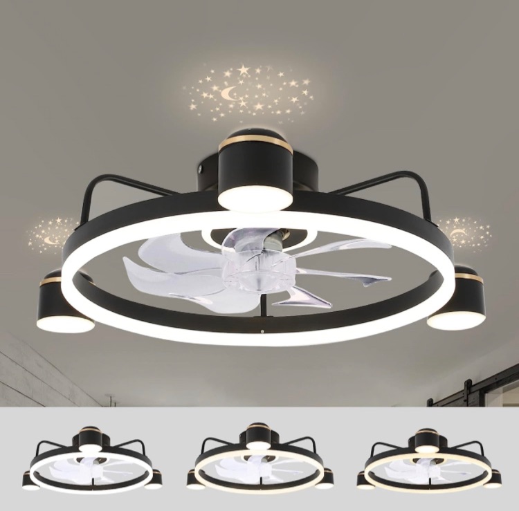 Photo 1 of  Modern Ceiling Fans with Lights, 20" Flush Mount Ceiling Fan with Lights and Remote, Low Profile Ceiling Fan Controlled by APP or Remote Control, Dimmable LED, with Projection Light (Black)