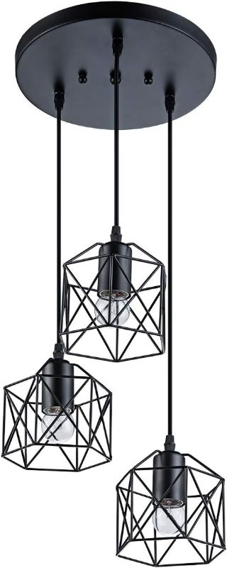 Photo 1 of Industrial Pendant Lighting 3 Pack, Adjustable Hanging Light Fixtures with Geometric Black Metal Shade, Farmhouse Pendant Light
