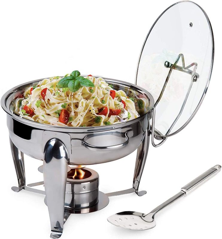 Photo 1 of 4 Quart Round Stainless Steel Chafing Dish with Bonus Slotted Spoon and Drip Tray for Lid| Keeps linens dry | For wedding, graduation, events, parties | Sterno holder