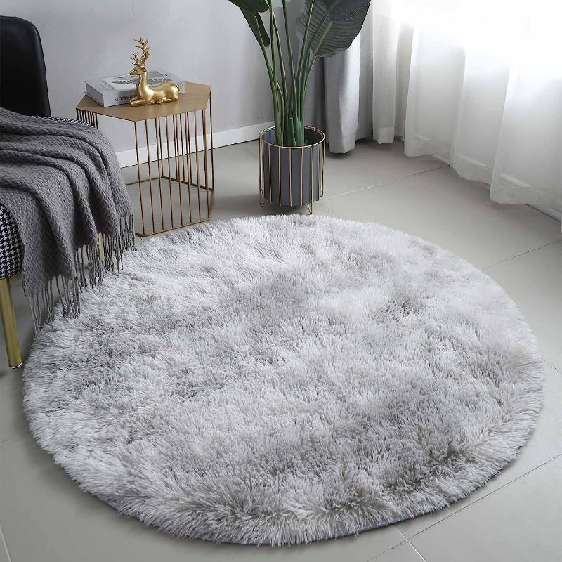 Photo 1 of 5X5 Tie Dye Light Grey Fluffy Round Rug for Living Room Luxurious Circle Carpet for Bedroom Shaggy Plush Soft Grey Round Rug Home Decoration Carpets (5x5, Tie Dye Light Grey)