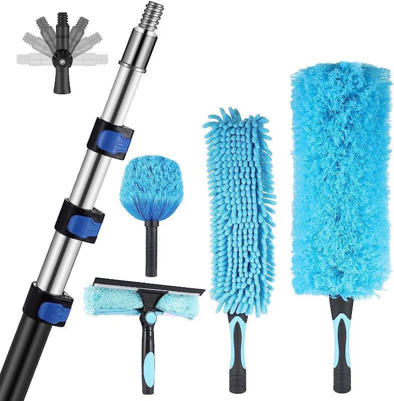 Photo 1 of 20 Foot High Reach Duster Kit Dusters for Cleaning High with 4-12 ft Extension Pole Cobweb Duster,Window Washer & Squeegee, Fan Duster,Feather Duster,with Universal Joint,for Home Yard Outdoor 