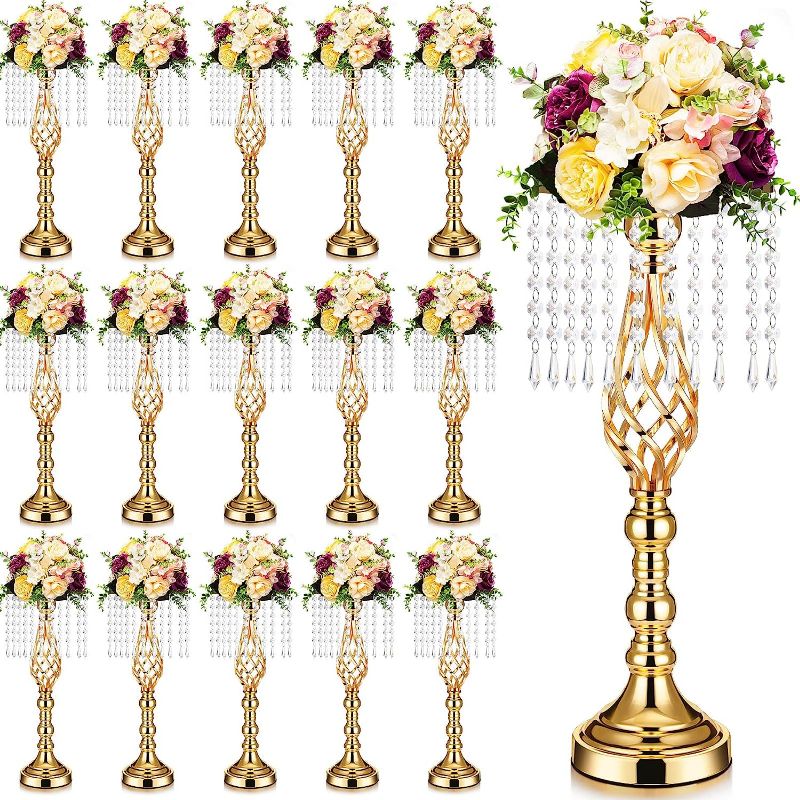 Photo 1 of 15 Pieces 19.3 Inches Gold Vases for Centerpieces Tall Crystal Flower Stand Wedding Centerpieces Road Holders Metal Flower Vase for Wedding Party Reception Dining Room Living Room Decor 