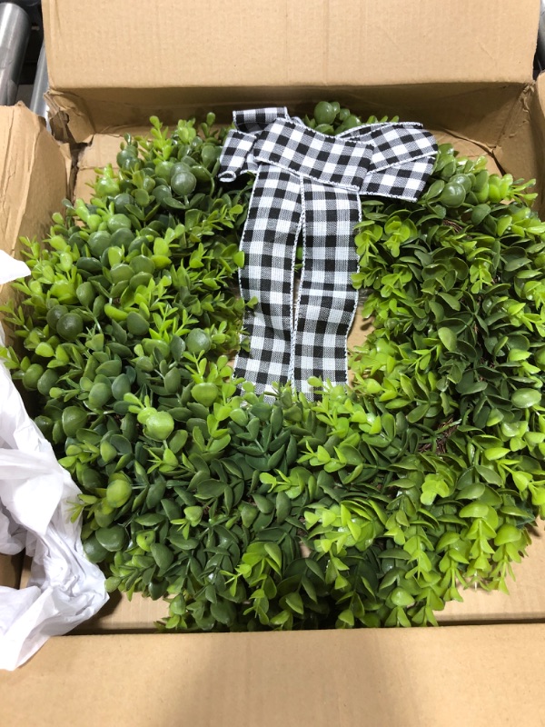 Photo 2 of 20" Faux Round Boxwood Wreath, Vlorart Artificial Boxwood Wreath Front Door Wreaths Artificial Spring Summer Greenery Hanging with A Plaid Bow for Front Door Wall Hanging Window Wedding Party Decor 20inch