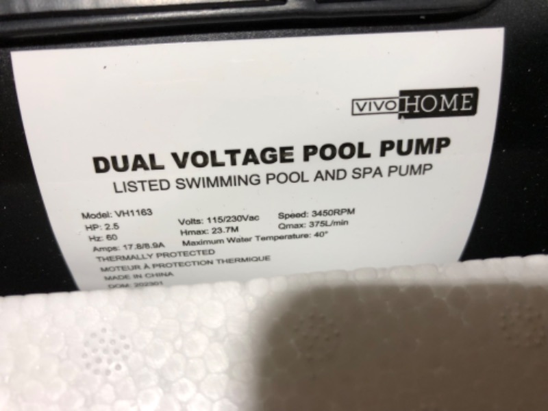 Photo 4 of  VIVOHOME 2.5 HP Powerful Self Primming Dual Voltage in/Above Ground Swimming Pool Pump 1.5" & 2.0'' Intlet Energy Saving w/Strainer Basket 