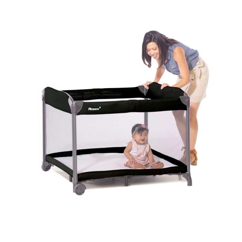 Photo 1 of  Joovy Room² Large Portable Playpen for Babies and Toddlers with Nearly 10 sq ft of Space, Large Mesh Windows for 360 View, and Waterproof Mattress Sheet - Folds Easily when Not in Use (Black) 