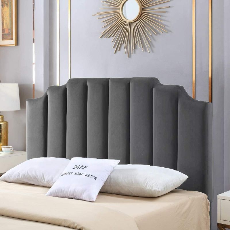 Photo 1 of 24KF Velvet Upholstered Tufted Queen headboard Full headboard with Vertical Channel Design Queen/Full Headboard -Dark Gray 