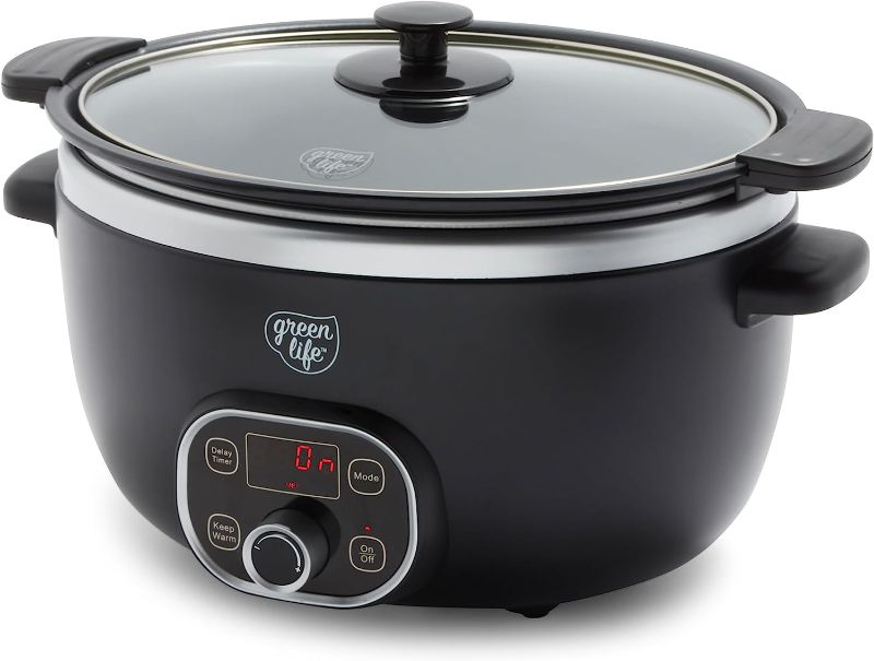 Photo 1 of GreenLife Cook Duo Healthy Ceramic Nonstick Programmable 6 Quart Family-Sized Slow Cooker, PFAS-Free, Removable Lid and Pot, Digital Timer, Dishwasher Safe Parts, Black
