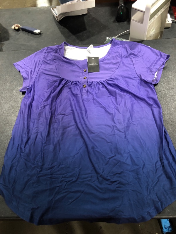Photo 1 of AMCLOS Womens Tie-Dye Tops V Neck Soft T-Shirts Flowy Pleats Tunic Button up Casual Blouses Summer Short Sleeve Floral Purple XX-Large