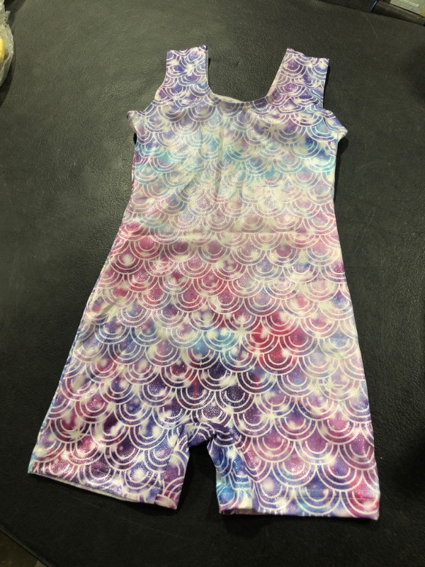 Photo 1 of Funnycokid Girls Gymnastics Leotards with Shorts Sparkle Dance Unitards Mermaid Active Biketards 2-10 Years A02 Mermaid Purple 3-4T 110