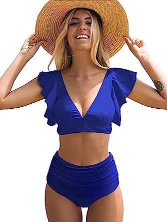 Photo 1 of  Women Ruffle High Waisted Swimsuit Two Piece Tropical Print Swimsuit Push Up Bathing Suit SIZE XL 