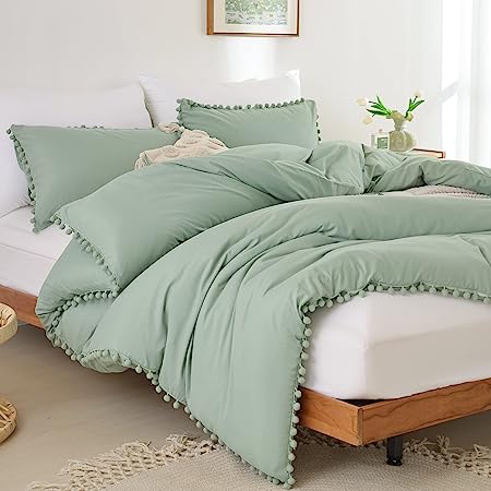 Photo 1 of  Sage Green Comforter Set Ball Pom Fringe Design 3pcs, Aesthetic Green Comforter Queen Size Comforter Sets Bed Set Sage Green Bedding Set for Women Men (1 Comforter 2 Pillowcases) F/Q