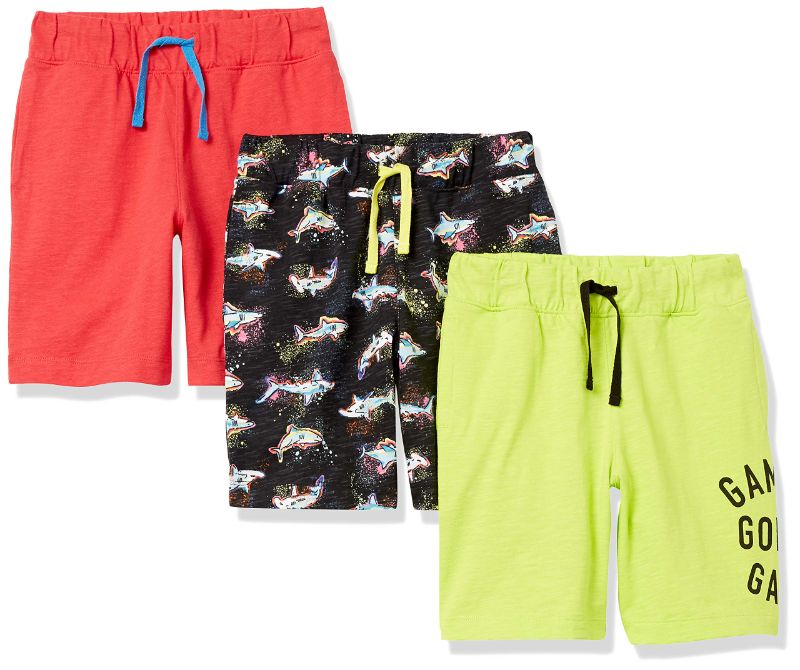 Photo 1 of Amazon Essentials Boys and Toddlers' Knit Jersey Play Shorts (Previously Spotted Zebra), Multipacks 3 Coral Orange/Lime Green/Black, Sharks X-Large