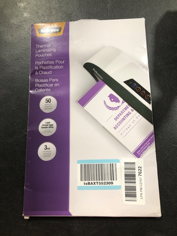 Photo 1 of Fellowes Laminating Pouches, 3 mil, 14 1/2 x 9, 50/Pack