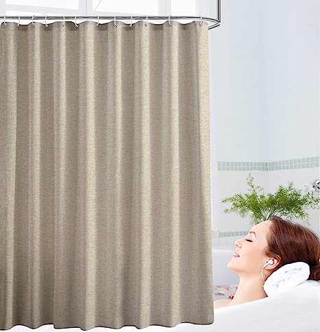 Photo 1 of abric Shower Curtain, Linen Textured Heavy Duty Polyester Cloth Shower Curtain Set with 12 Plastic Hooks, Hotel Luxury Waterproof Decorative Shower Curtains for Bathroom 