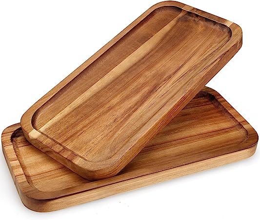 Photo 1 of 2 Pcs Rectangular Wooden Platters for Food Dishe Party Fruit Decorative Serving Tray 14" x 7" Acacia Wood Cheese Charcuterie Board Rectangle Dinner Plates Cake Snack Appetizer Platter for Decor