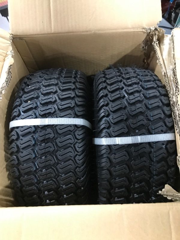 Photo 3 of 15x6.00-6" Front Tire Assembly Replacement for 100 and 300 Series John Deere Riding Mowers - 2 pack--box damage