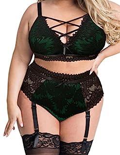 Photo 1 of Avidlove Plus Size Lingerie Set for Women Sexy Strappy Lace Bra High Waist Panty with Garter Belts(Dark Green,4X-Large) (B09PVMXKPR)
