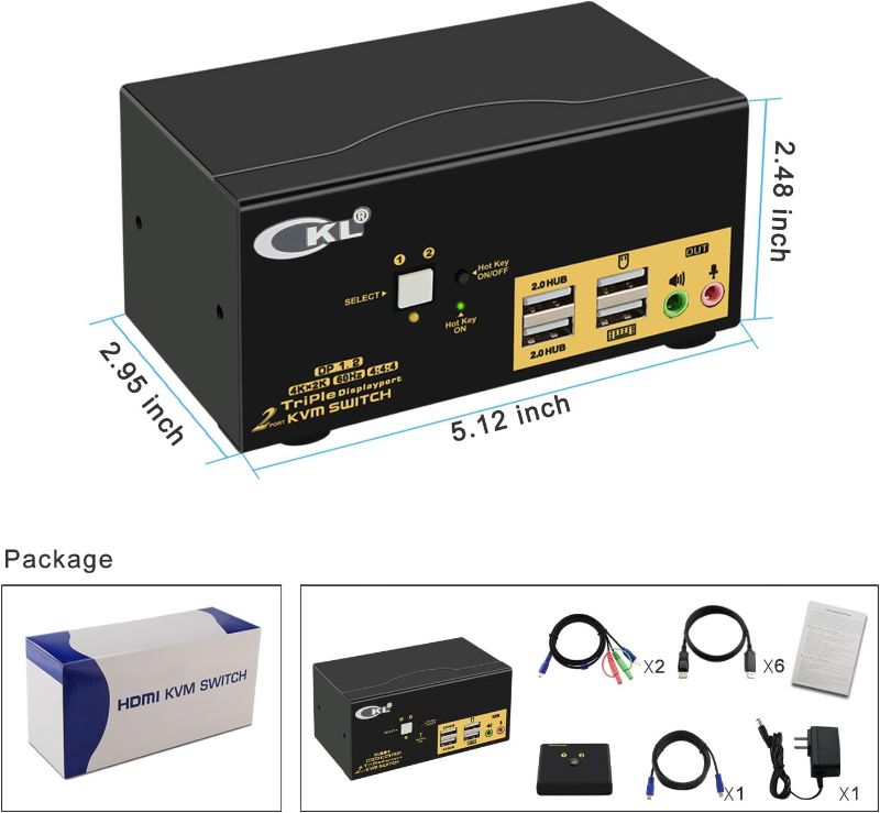 Photo 1 of CKL KVM Switch Triple Monitor DisplayPort 2 Port 4K 60Hz 4:4:4, 2x3 DP KVM Switch with Audio and USB 2.0 HUBs, Model Number: CKL-623DP
