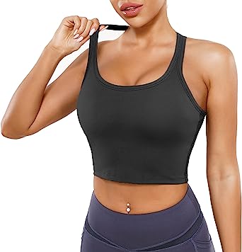 Photo 1 of Longline Sports Bra Crop Tops for Women, Wirefree Padded Racerback Yoga Workout Top, Medium Support Large