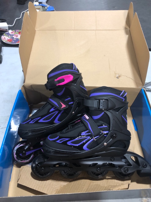 Photo 2 of 2PM SPORTS Vinal Girls Adjustable Flashing Inline Skates, All Wheels Light Up, Fun Illuminating Skates for Kids and Men- Azure Small (1Y-4Y US) Violet & Magenta Medium - Big Kid (1-4 US)