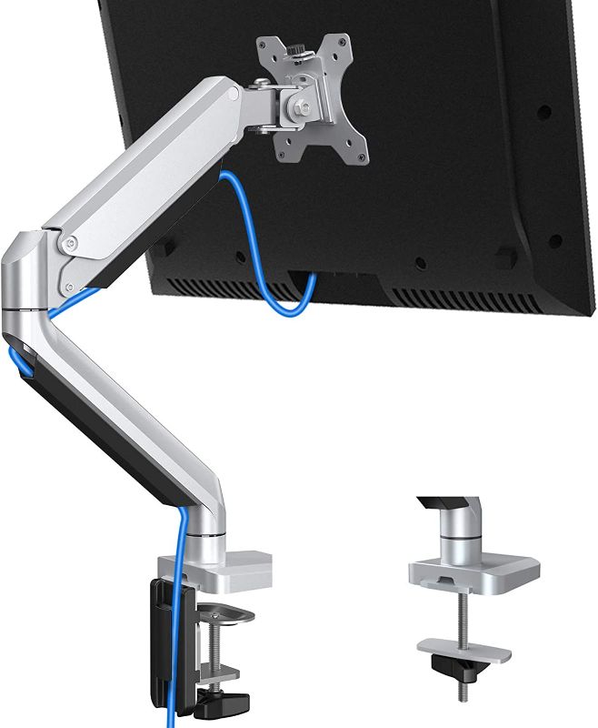 Photo 1 of Single Monitor Desk Mount, Cast Aluminum, Articulating Monitor Stand Mount, Fully Adjustable Gas Spring Monitor Arm, Removable VESA with C Clamp and Grommet Mounting Base - Fits Screens up to 32 Inch
