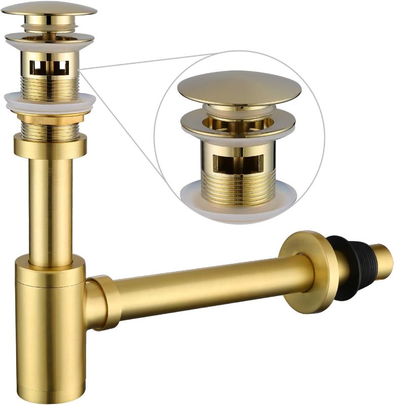 Photo 1 of Miraga Bathroom Sink Stopper P-Trap Complete Set Adjustable 1-1/4 Sink Drain Kit Tube Solid Brass Bottle Trap w/Pop Up Drain Stopper Set, Overflow Version, Brushed Gold
