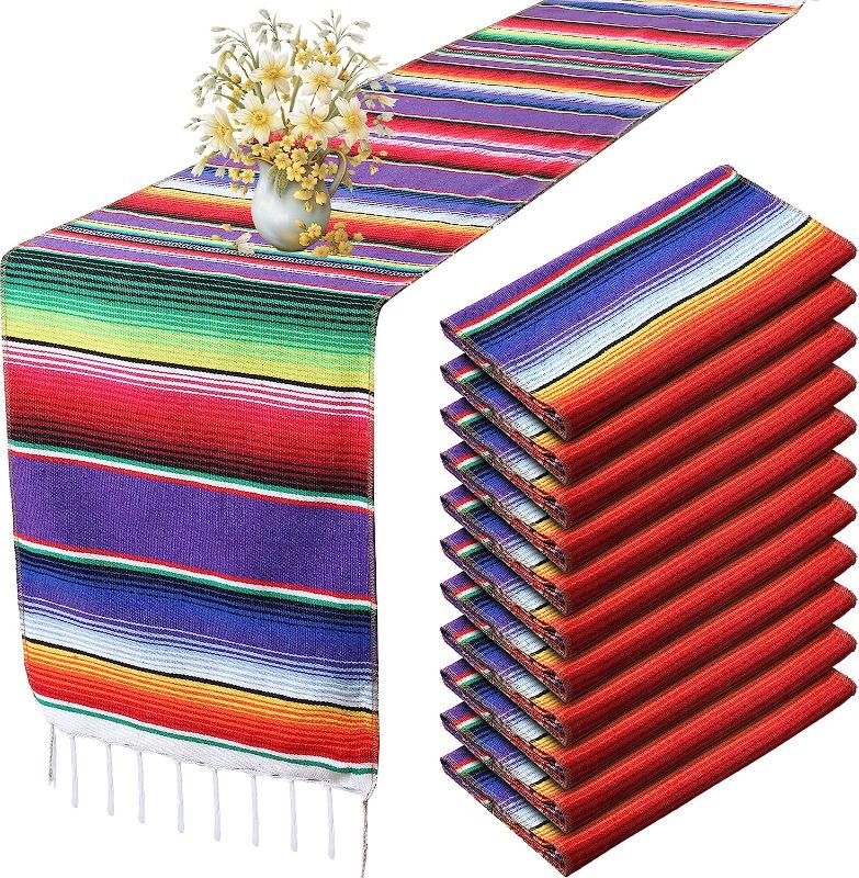 Photo 1 of 12 Pcs Mexican Serape Table Runner Mexican Party Table Blanket Serape Colorful Striped Runner Fringe Cotton Table Runner Decoration for Cinco De Mayo Fiesta Party Wedding 14 x 84 Inch (Classic Style) 