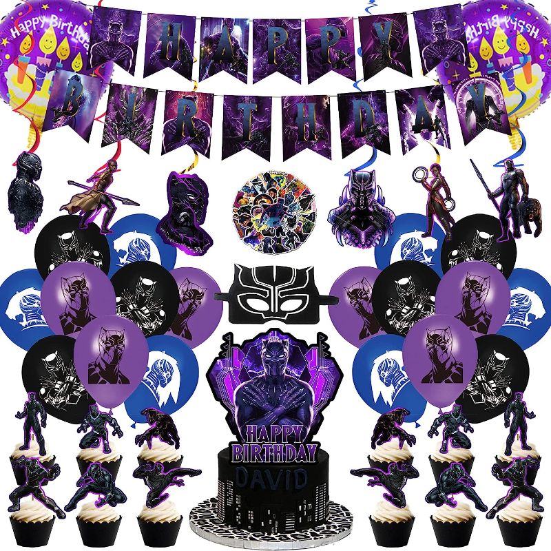 Photo 1 of 117 Pcs Black Party Supplies Birthday Decorations Includes Happy Birthday Banners, Cake Topper, Cupcake Toppers, Hanging Swirls, Foil Balloons, Latex Balloons, Face Mask, Stickers, for Kids Black Party Decorations 