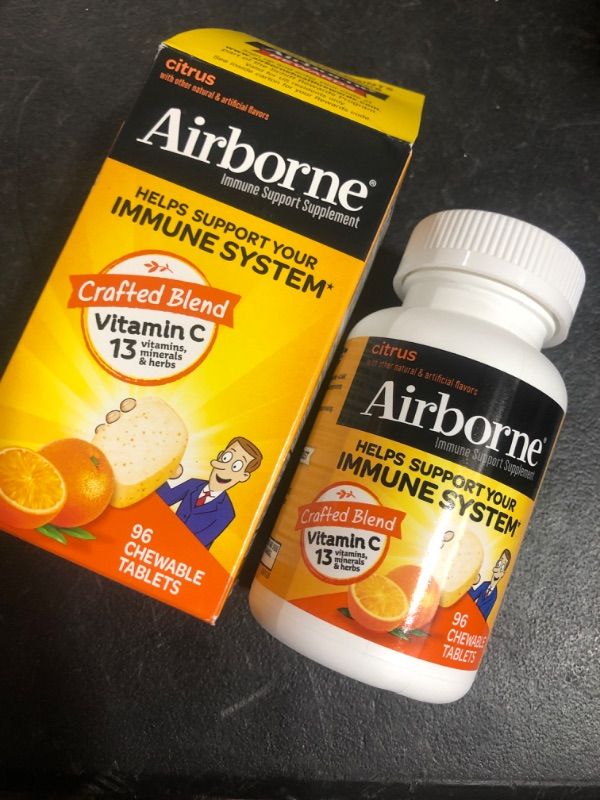 Photo 1 of Airborne 1000mg Chewable Tablets with Zinc, Immune Support Supplement with Powerful Antioxidants Vitamins A C & E - 96 Tablets, Citrus Flavor Citrus 96 Count (Pack of 1)