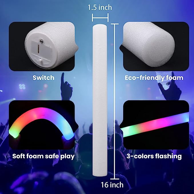 Photo 1 of 1 PCS Foam Glow Sticks with 3 Modes Colorful Flashing, LED Light Stick Gift, Glow Sticks Party Pack for Wedding, Raves, Concert, Party, Halloween Party Supplies
