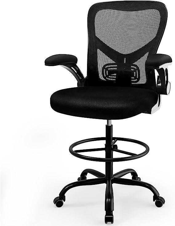 Photo 1 of Drafting Chair,Tall Standing Desk Chair Comfortable Office Chair with Foot Ring Flip-up Padded Arms Height Adjustable Computer Task Chair Ergonomic Mesh Mid-Back Desk Chair,Black
