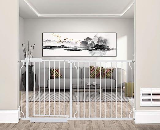 Photo 1 of ALLAIBB Extra Wide Pressure Mount Baby Gate Auto Close White Metal Child Dog Pet Safety Gates with Walk Through for Stairs,Doorways,Kitchen and Living Room 62.2-66.9 in (57.48-62.20"/146-158cm) White 57.48-62.20 Inch (Pack of 1)