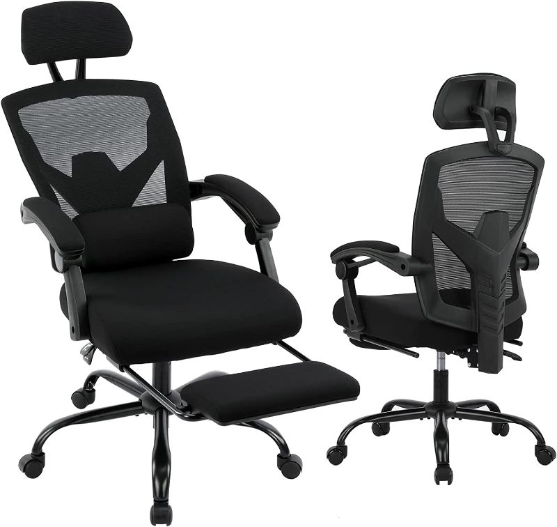Photo 1 of Ergonomic Office Chair, Reclining High Back Mesh Chair, Computer Desk Chair, Swivel Rolling Home Task Chair with Lumbar Support Pillow, Adjustable Headrest, Retractable Footrest and Padded Armrests
