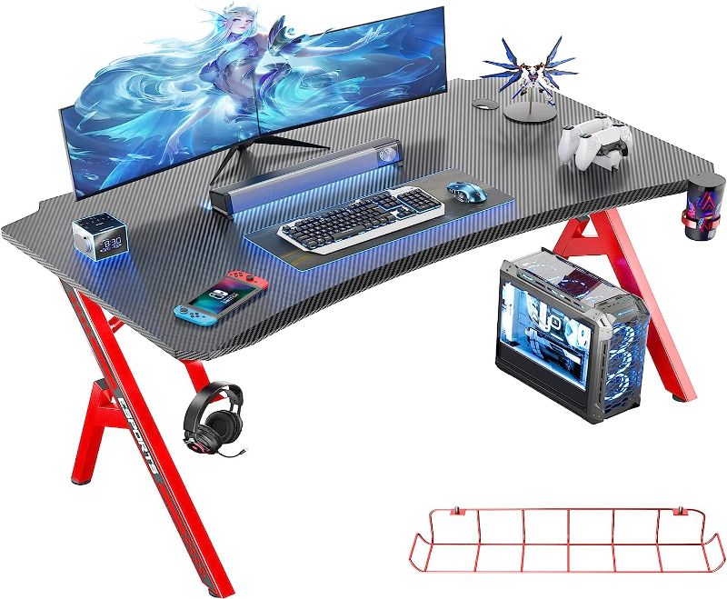 Photo 1 of Ecoprsio Gaming Desk, 55 Inch Gaming Computer Desk with Carbon Fiber Desktop, Large Y Shaped Gamer Desk with Cup Holder and Headphone Hook, 55'' Game Table for Gamer Room, Workstation, Bedroom, Red **DESK ONLY**
