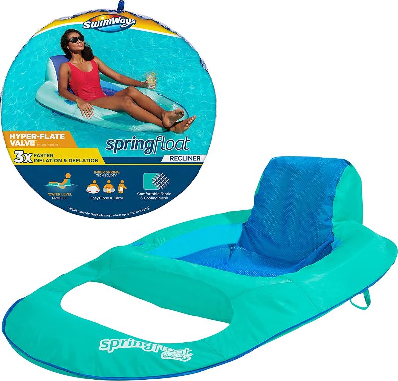 Photo 1 of SwimWays Spring Float Recliner Chair for Swimming Pool, Inflatable Pool Floats Adult with Fast Inflation, Cup Holder & Foot Rest for Ages 15 & Up, Aqua