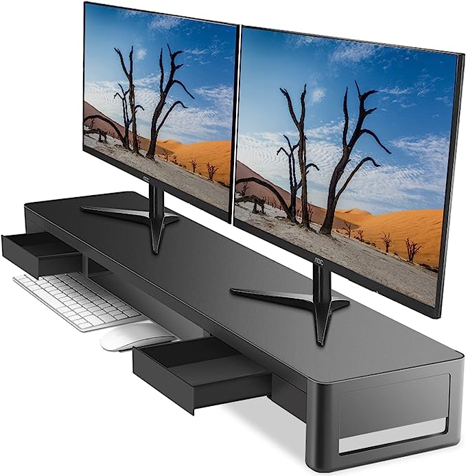 Photo 1 of meatanty Dual Monitor Stand Riser with 2 Storage Drawers, Metal Computer Monitor Stand Monitor Shelf with Pull Out Drawer, Keyboard and Mouse Storage Desktop Organizer for PC,Laptop,iMac,TV,Printer
