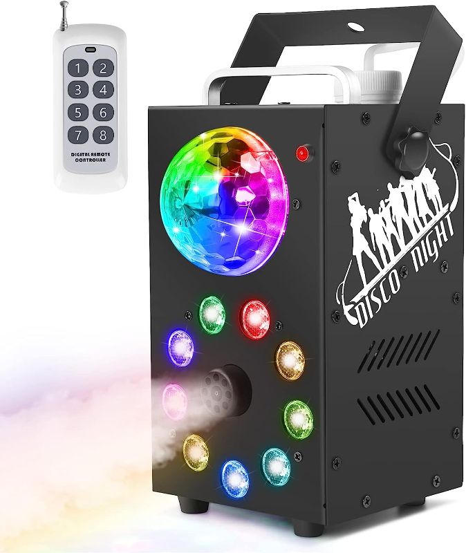 Photo 1 of Fog Machine, HOLDLAMP 700W Smoke Machine with Disco Ball Lights 9 LED Colorful Light Effect, 3500 CFM Huge Fog with Wireless Remotes and Preheating Light, Perfect for Halloween Christmas Wedding Party 