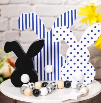 Photo 1 of 3 Pcs Easter Bunny Table Wooden Signs Decor Spring Farmhouse Wood Bunnies Cute Easter Craft Freestanding Centerpiece Signs for Kids Easter Party Supplies (blank, stripe, dot)