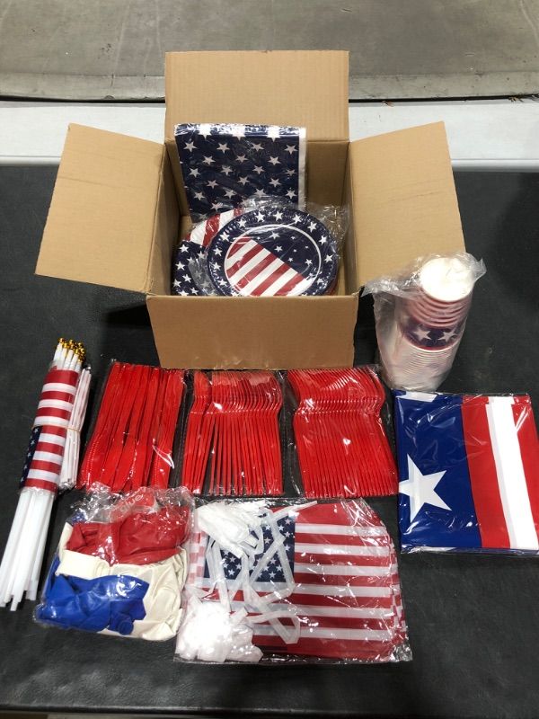 Photo 2 of  242Pcs 4th of July Party Supplies, Includes Tablecloth, Plates, Napkins, Cups, Flatware and Small American Flag, Banner,Balloons, Decorations for July Fourth Patriotic Party Veterans Memorial Day