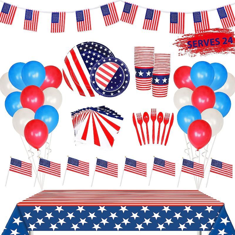 Photo 1 of  242Pcs 4th of July Party Supplies, Includes Tablecloth, Plates, Napkins, Cups, Flatware and Small American Flag, Banner,Balloons, Decorations for July Fourth Patriotic Party Veterans Memorial Day