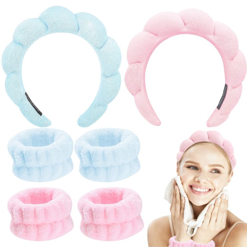 Photo 1 of 6PCS Spa Headband for Washing Face and Wrist Bands for Washing Face Set, Makeup Headband and Wrist Towels for Washing Face, Skincare Headbands, Head Bands for Women's Hair?Sponge & Puffy(Pink and blue hair band)